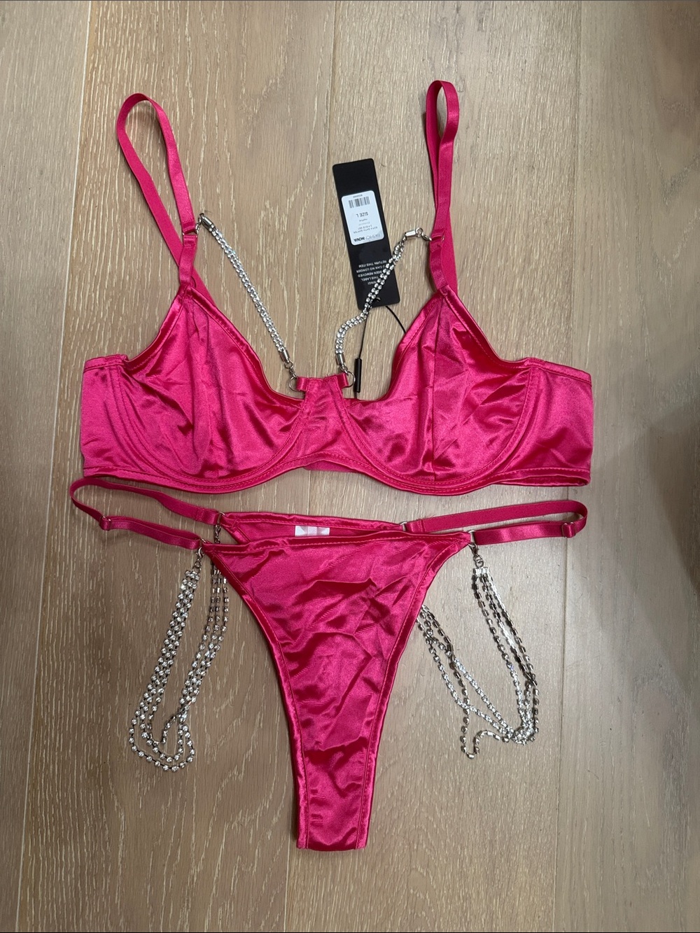 Fashion Nova Hot Pink Satin Underwire Bra & Rhinestone Chain G-String